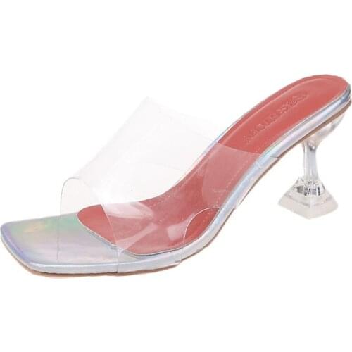 Llogai Transparent Crystal Buckle Womens Slippers Pumps Fashion High Heels Sandals Shoes PVC Summer Square Toe Ladies Strange
