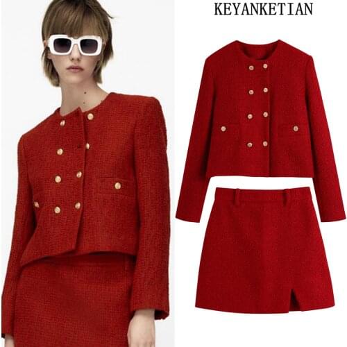 KEYANKETIAN Za Womens 2021 suit with skirt fashion texture office double-breasted suit jacket high waist mini skirt 2-piece set