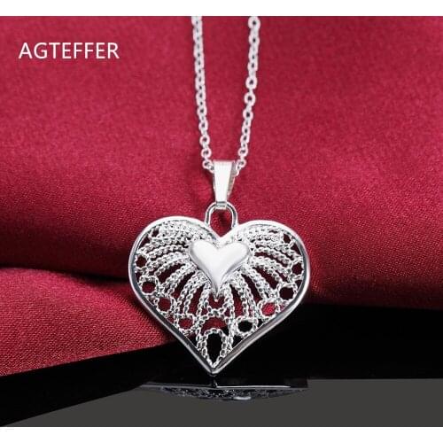 AGTEFFER 925 Sterling Silver 18 Inch Hollow Heart Pendant Necklace For Women Fashion Wedding Party Charm Jewelry