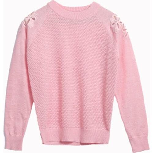 2019 Spring Womens Long-sleeved Lace Stitching Slim Dress Round Neck Pink Sweater Bottoming Shirt Fashion Slim