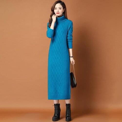 Winter Leisure Women Long Wool Dress Over The Knee Spring Dress New High Collar Fashion With Overcoat Knitting Solid Lady Dress