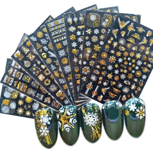1 Sheet New Year Nail Stickers Black Snow Gold Leaf Colorful Snowflake Designs 3D Sliders For Nail Decals DIY Manicure Decora