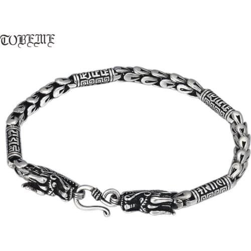 100% 925 Siilver Dragon Bracelet Vintage Sterling Tiibetan Six Words Man Bracelet Good Luck Bracelet Lucky Symbol Jewelry