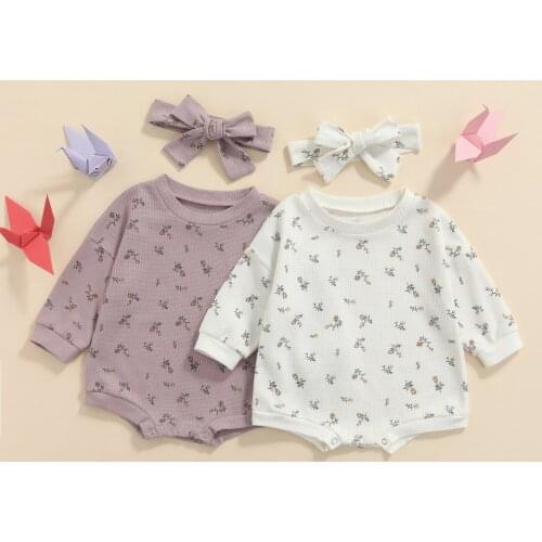 Infant Baby Girls Long Sleeve Romper + Bow Headband Flower Print Classic Round Neck Spring Sweet Cute Clothing