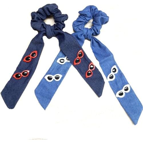 Denim Loop Hair Scrunchie Elastic Bands Solid Color Women Girls Ponytail Holder with sunglasses accessorie Big bow Headbands