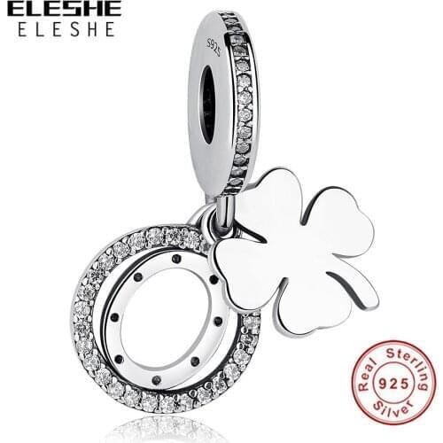 ELESHE Wholesale 100% 925 Sterling Silver CZ Lucky Clover Dangle Charm fit Original Charm Bracelets DIY Jewelry Making