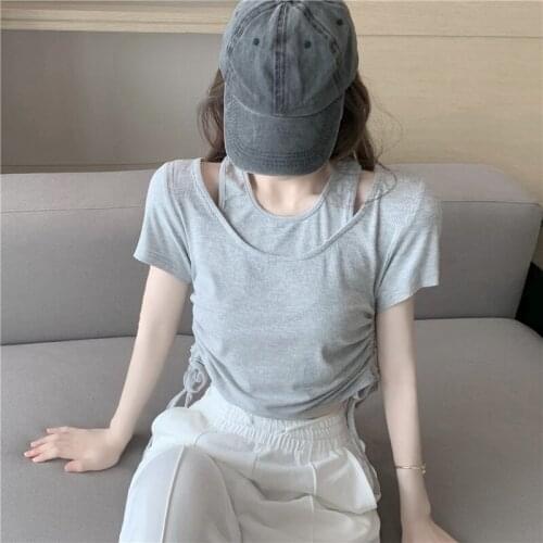 T Shirt Women Fake Two-piece Female Blouse New Summer Round Neck Sling Strapless Drawstring Short-sleeved T-shirt Slim Short Top