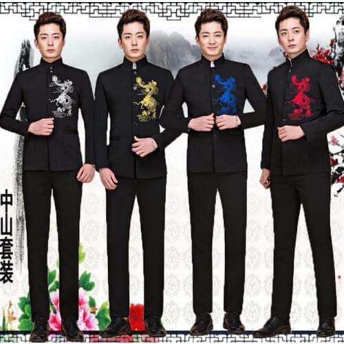 Embroidery stand collar chinese tunic suit men stage costume performance wear mens formal dress new arrival mens suit black