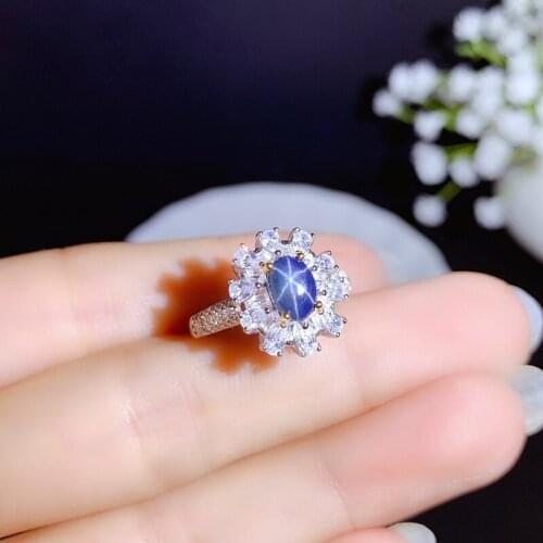 Round Cuted Natural Sapphire Ring for Women Starlight Party Fine Jewelry S925 Silver Real Blue Gemstones 5*7MM With Certificate