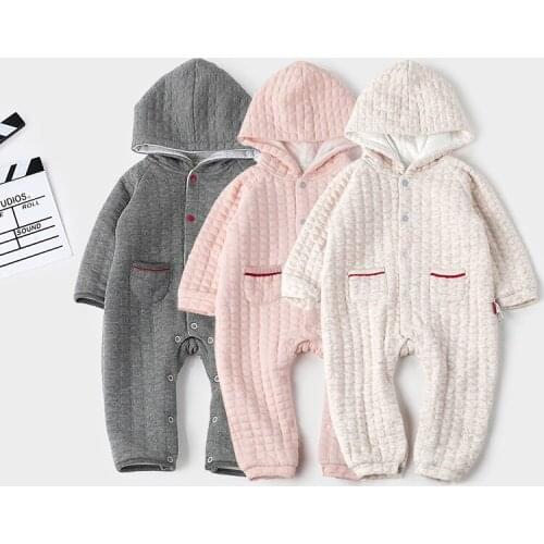Baby Toddler Rompers Long-sleeved Three-layer Warm 150g Quilted Hooded Open Bodysuit Boy Girl Romper Cotton Cute Infant Clothes