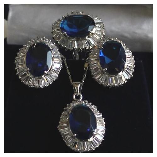 Silver Fashion Womens green Jade Pendant Necklace Earrings Ring set 7-9 # Set