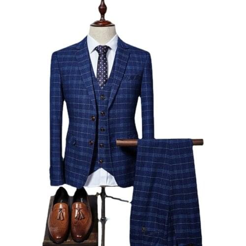 Jackets+Vest+Pants) Brand clothing Men high quality cotton plaid business Blazers/Male slim fit three-piece suit/Luxury Tuxedo