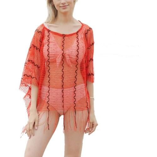 2021 Summer Hollow Tassel Shawl Cloak See-through Sunscreen Beach Bikini Cover Up Blouse Plus Size