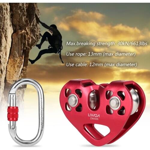 Lixada 30kN Cable Trolley Pulley Dual Pulley with 25kN Srew Locking Carabiner For Rock Climbing Caving Aloft Work Rescue Tools