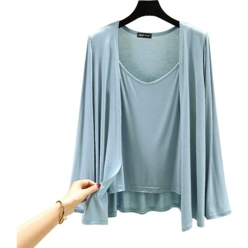 Makuluya 2 Pieces Cotton Modal Soft Lithe Cozy Women Spring Summer Cardigan All-Match Thin Sweet Elasticity Open Stitch Coats L