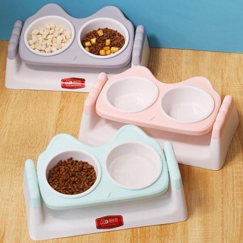 Cat Bowl Dog Bowls Double Bowl Protect Cervical Spine Cute Anti-Dumping Pet Drinking Water Feeding Supplies Cat Food Container