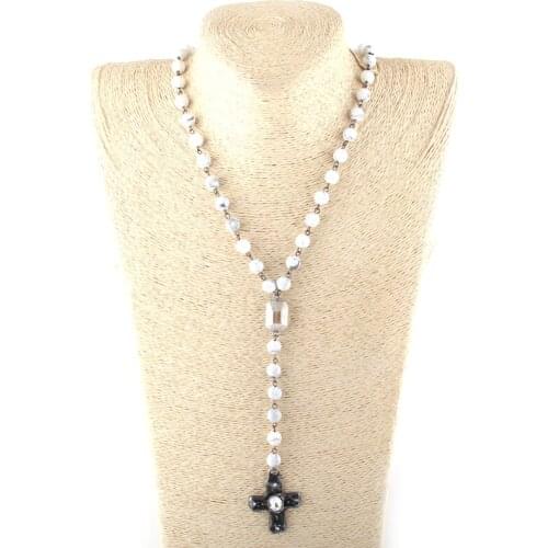Fashion Bohemian Jewelry White/pink Stone Rosary Chain Crystal Link Cross/Heart Pendant Necklaces Women Ethnic Necklace