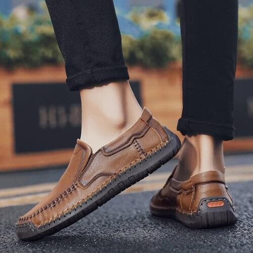 BIMUDUIYU Handmade Mens Genuine Leather Breathable Loafers Soft Casual Shoes Moccasin Shoes High Quality Slip On Footwear Male