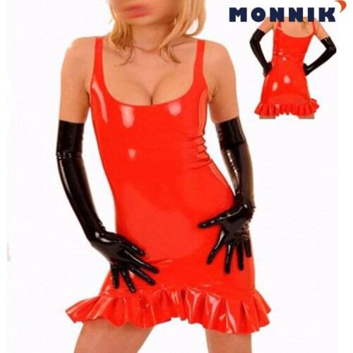 MONNIK latex Sexy Red Latex Dresses Rubber Unique Party Womans Gown Lace Trim Club Wear