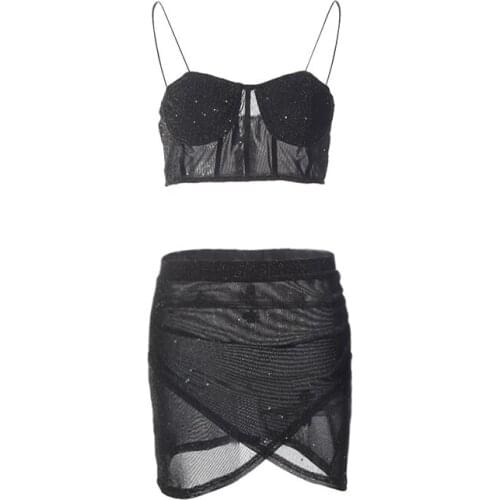 2021 Summer New Womens Silver Silk Diamond Sling Mesh See-Through Bag Hip Skirt Sexy Two-Piece Suit