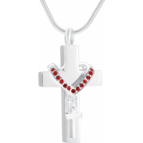 KLH9216 Red Stone Inaly Double Cross Cremation Urn Necklace Keepsake Ashes Memorial Pendant with Free Fill Kit