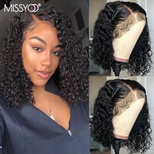 MISSYOO Natural Bob Wig Human Hair Wigs 4x4 Lace Closure With Baby Hair For Women Brazilian 13x4 Lace Front Wigs Deep Curly 16in