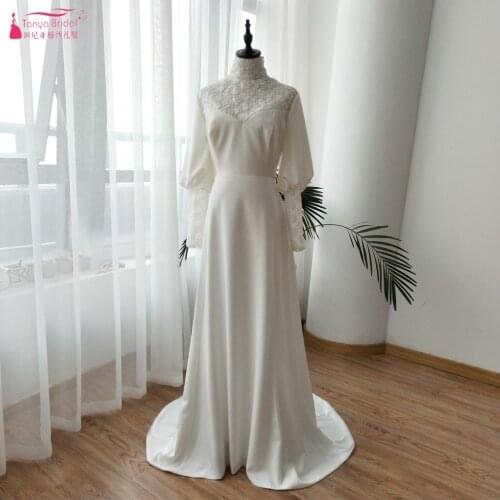 High Neck Long Sleeve Wedding Dresses Lace Soft Satin elegant Muslim Simple Bridal Gowns Winter fashion robe de soiree ZW123