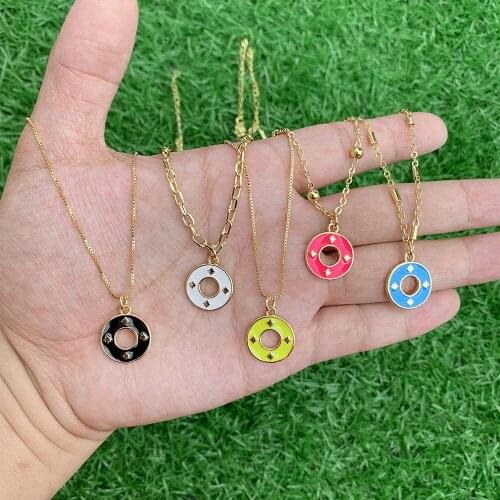 Gold Plated Enamel Round Hollow Round Pendant Necklaces Pattern Circle Chain Necklace Women