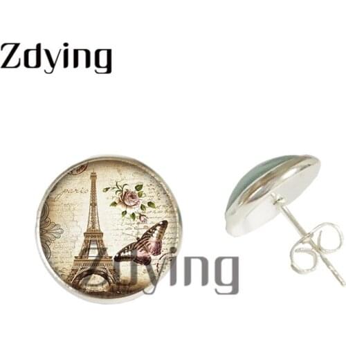 Zdying Vintage Eiffel Tower Flower Butterfly Stud Earring Glass Art Picture Cabochon Dome Ear Jewelry For Party Birthday EF043