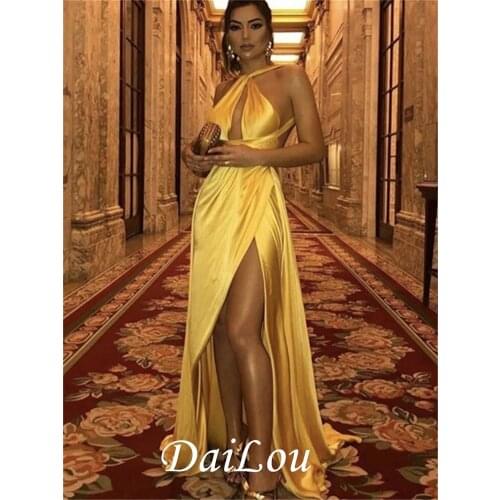 A-Line Floor-Length Halter Sleeveless Split-Front Evening Wedding Guest Dress 2021