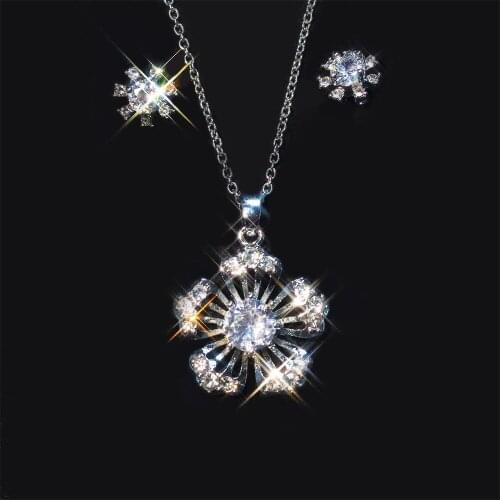 Vintage Female Crystal Flower Jewelry Set Charm Silver Color Stud Earring For Women Dainty White Zircon Wedding Chain Necklace