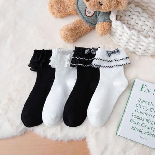 Women Socks Lolita Lace Fashion Bowknot Ruffle Autumn Middle Tube Cute Long Breathable Harajuku All-match Casual Chaussettes