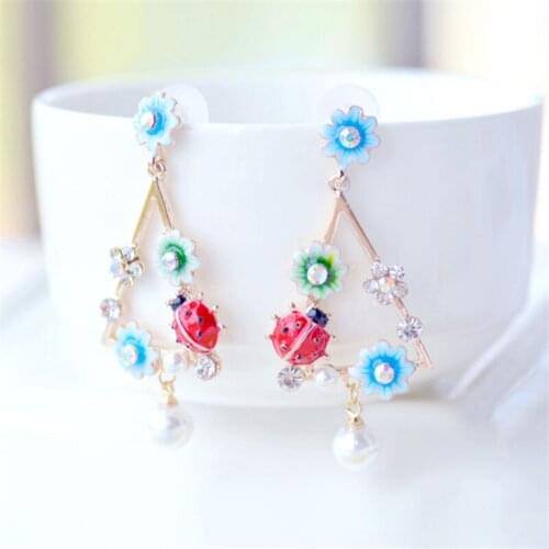 Bijoux femme Colorful Enamel Ladybug In The Flowers Earrings For Women Animals and Plants Tassel Pearl Earring Fashion Jewelry