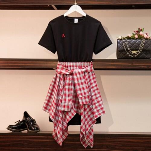 2 Piece Set Women 2019 Summer Black Letter Embroidery Long T-shirt Dress + Red Bow Knot Asymmetry Plaid Skirt Sets Women Set