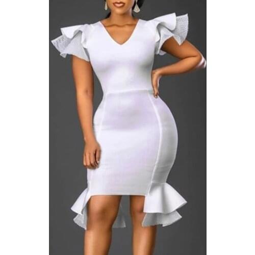2021 Summer Sexy V Neck Ruffles Short Sleeve Casual Bodycon White Dress Women Party Robe Femme Club Vestidos Ropa Mujer 70144