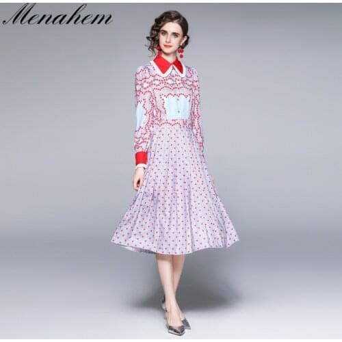 Menahem Runway Elegant Cute Red Heart-Shaped Dot Dress Autumn Women Long Sleeve Peter Pan Collar Buttons Pleated Party Vestidos