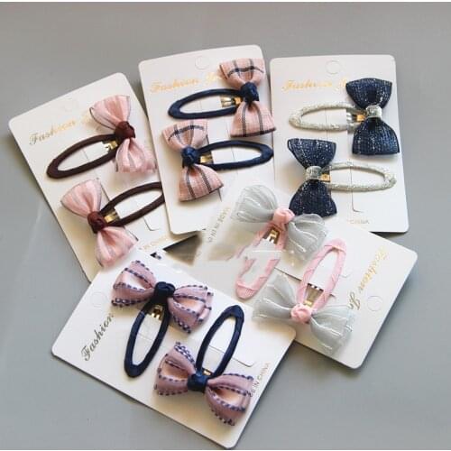2Pcs/lot Grid Stripe Satin Bow with Ribbon Covered BB Clip for Girls Kids Handmade Boutique Mini Hairpin Hair Accessories