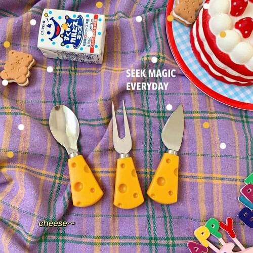 3PCS Lovely Cheese Cutlery Desserts Set Baby Feeding Material Cartoon Fruits Stainless Steel Fork Spoon Set Utensils Baby Eating