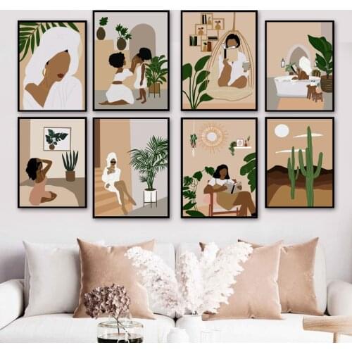 Abstract Boho Girl Reading Flower Leaf Cactus Nordic Posters And Prints Wall Art Canvas Painting Decor Pictures For Living Room