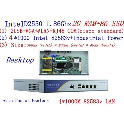 Atom D2550 dual core 1.86GHz with 2G RAM 8G SSD firewall serve Desktop mode 4*Intel 82538V 1000M network support pfSense, WayOS