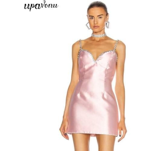 Free Shipping Sexy Spaghetti Diamond Strap Mini Dress 2021 New Womens V-neck Sleeveless Bodycon Halter Club Night Party Vestido
