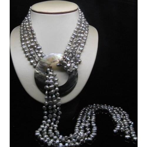 Free shipping shitou 001283 32" Natural 4- Row 5-6MM AAA _Gray Baroque pearl Necklacenatural Luxury Ms. girl Wedding