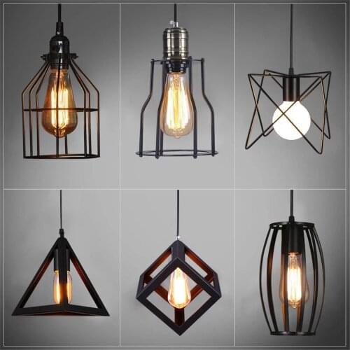 Black Lustre Cage Pendant Lights Iron Minimalist Retro Nordic Loft Pyramid Lamp Metal Hanging E27 Edison Bulb Indoor