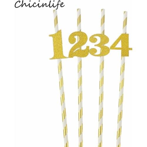 Chicinlife 10pcs Paper Straw With 1 2 3 4 5 6 1St 2nd 3rd Birthday Party Decoration Baby Shower Anniversary Gold Drink Straw