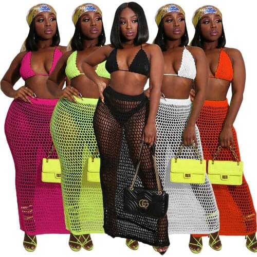 BKLD Women Tracksuit 2 Piece Set 2020 Summer New Beach Party Clubwear Bra And Long Skirts Crochet Fishnet See-through Women Sets
