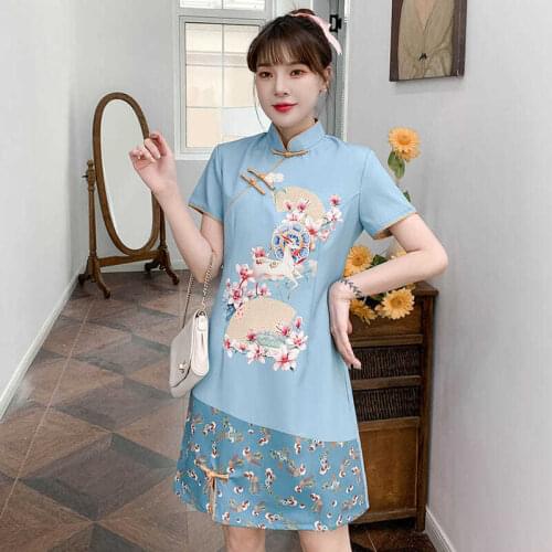 Chinese Style Short Cheongsam Summer Fashion Girl Temperament Flower Print Stretch Short Slim Improved Elegant Qipao Dress