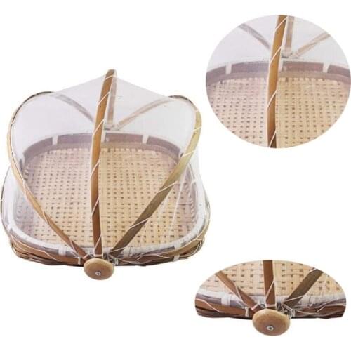 Hand-Woven Food Basket, Bamboo Food Tent Basket, Food Tent Basket with Net Gauze Cover,Outdoor Bread Basket