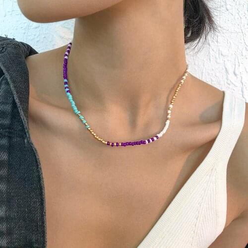 Lalynnly Womens Summer New Charm Bohemia Style Handmade Colorful Small Rice Beads Necklaces Seaside Vacation Accesories N9153