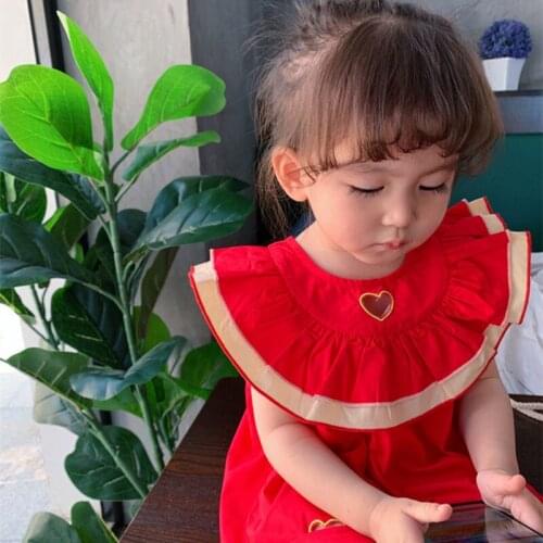 Lovely Girls Summer Sleeveless Love Sector Red Princess Dress Kids Fashion Cotton Party Birthday Dress For 2-7Years Baby Costume