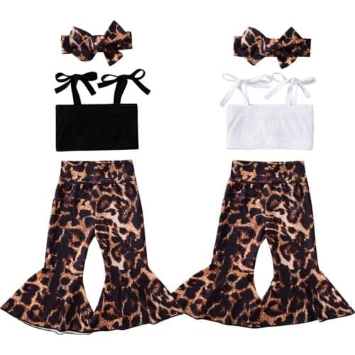 0-24M Fashion Baby Girl Clothing Solid Color Lace-up Tube Top+Leopard Print Flare Pants+Headband Summer Outfits 3pcs Set